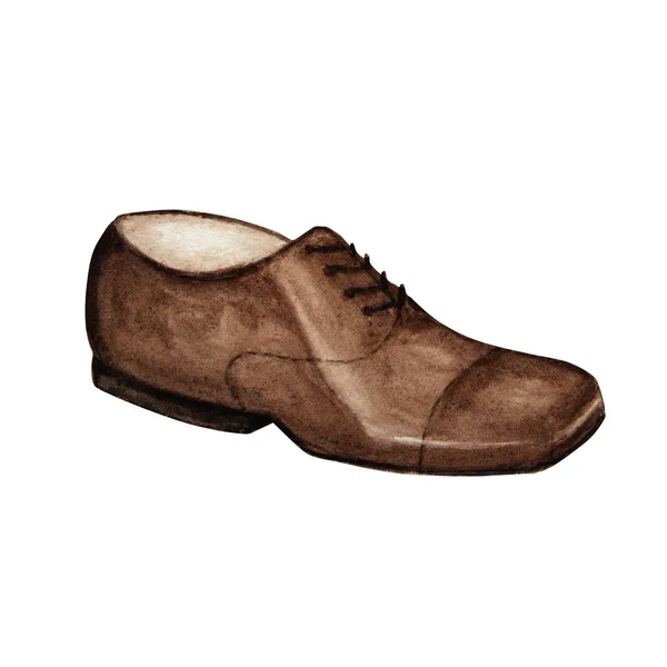 Moderne mode heren s schoenen. Luxe man bruinleren schoen collectie. Geïsoleerd met inscriptie, hand geschilderde aquarel illustratie op witte achtergrond — Stockfoto