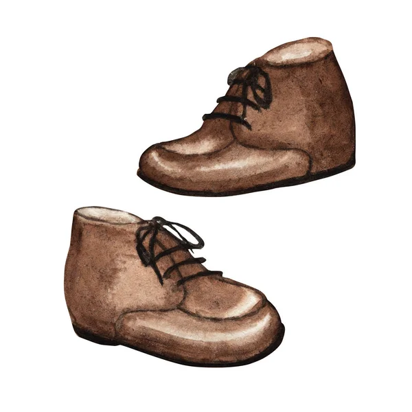 Nowoczesna moda chłopiec dzieci panowie s buty. Luksusowa dziecięca brązowa skórzana kolekcja butów. Izolowane z napisem, ręcznie malowane akwarela ilustracja na białym tle — Zdjęcie stockowe