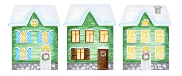 Acuarela Navidad invierno casa verde Set con puerta de madera marrón oscuro, ventanas luminosas, con nieve en el techo. Casa de dos pisos de colores brillantes con decoración de la corona de Año Nuevo sobre un fondo blanco — Foto de Stock