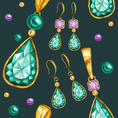 Altın bir çerçeve içinde küpe ve Kristal kolye ile Dikişsiz desen. El çizilmiş suluboya Gemstone elmas takı. Parlak renkler yeşil, mor Kumaş doku. Scrapbooking için Yeşil Arka Plan