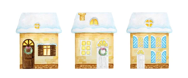 Acuarela Navidad invierno amarillo casa Set con puerta de madera marrón oscuro, ventanas luminosas, con nieve en el techo. Casa de dos pisos de colores brillantes con decoración de la corona de Año Nuevo sobre un fondo blanco — Foto de Stock