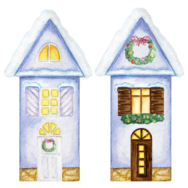 Aquarel Kerst Winter blauwe huisjes set met lichtgevende ramen, en met sneeuw op het dak op een witte achtergrond. Twee verdiepingen tellende felle kleuren huis met Nieuwjaar krans decoratie — Stockfoto