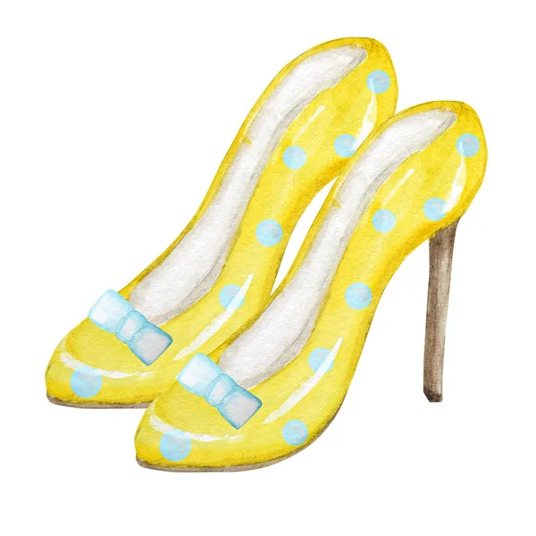 Yellow fashion womens shoes on the high heels. Smart luxury lady shoe collection. Painted hand-drawn watercolor Illustration isolated on a white background. — Stock Photo, Image