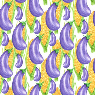 Dikişsiz desen Suluboya sebze sarı mısır ve mor patlıcan koleksiyonu boyalı. Beyaz arka plan üzerinde el çizilmiş taze vegan gıda. Kumaş sonbahar dokusu