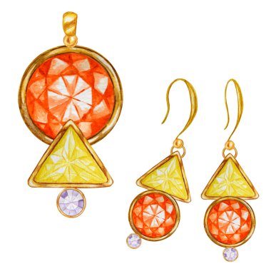 Suluboya çizim altın Kolye ve beyaz arka plan üzerinde küpe. Güzel moda takı seti. Turuncu yuvarlak, altın elemanlı sarı üçgen kristal değerli taş boncuklar.