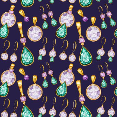 Altın bir çerçeve içinde küpe ve Kristal kolye ile Dikişsiz desen. El çizilmiş suluboya Gemstone elmas takı. Parlak renkler yeşil, mor Kumaş doku. Scrapbooking için Mavi Arka Plan