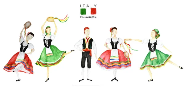 Bailarinas en traje nacional rojo y verde una tarantela italiana con una pandereta sobre fondo blanco. Conjunto de Mujer y hombre bailarín en traje popular Italia. Ilustración de acuarela — Foto de Stock