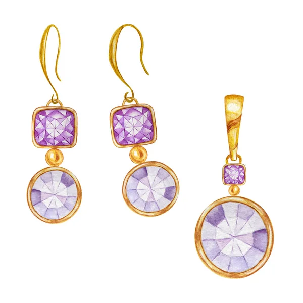 Jewelry set of earrings and pendant. Purple square and round crystal gemstone with gold element. Beautiful Watercolor drawing with crystals on golden chain on white background. — Stock Photo, Image