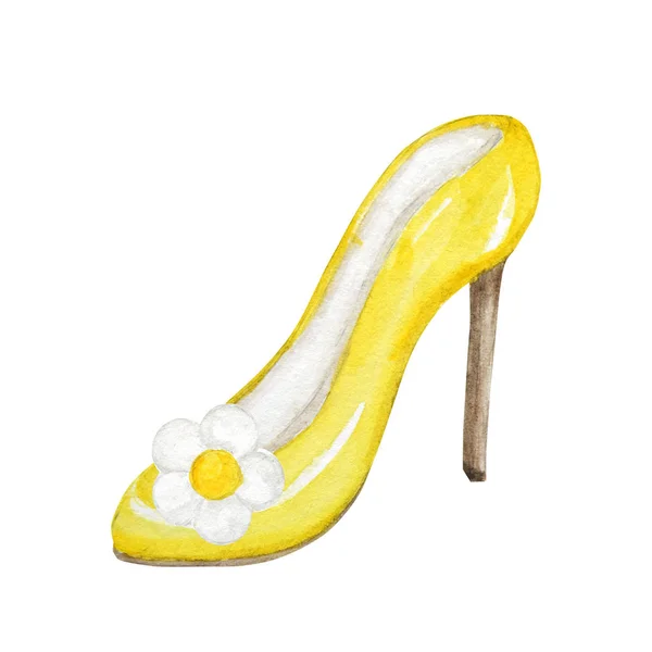 Chaussures de mode jaune pour femmes sur les talons hauts. Smart collection de chaussures de luxe pour dames. Aquarelle peinte à la main Illustration isolée sur fond blanc . — Photo