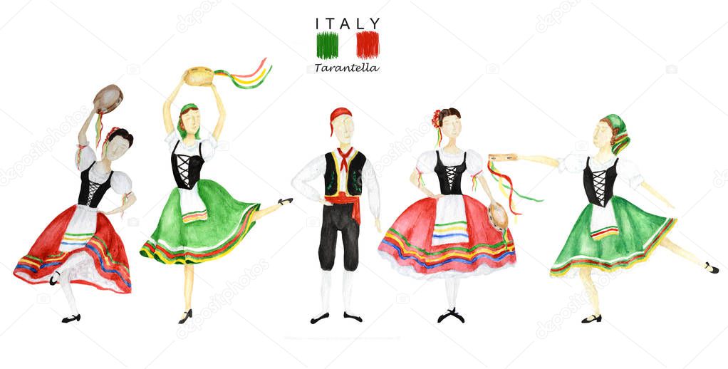Dancers in red and green national costume an Italian tarantella with a tambourine on white background. Set of Woman and man dancer in folk costume Italy. Watercolor Illustration