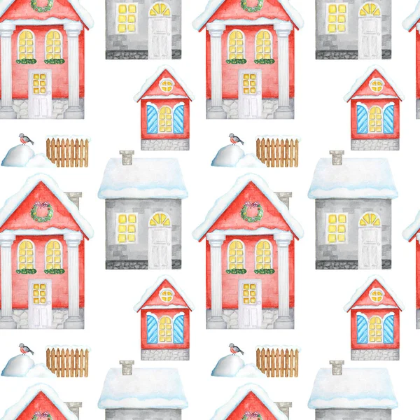 Seamless pattern Watercolor Christmas winter houses with white wooden door, luminous windows, with snow on the roof. Bright colors red, gray house on a white background. Fabric, paper texture