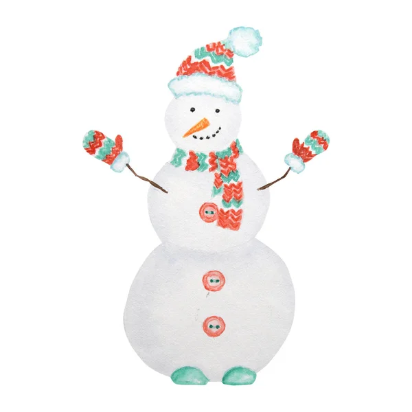 Boneco de neve aquarela Natal. Símbolo do Ano Novo. Desenhos animados Inverno Boneco de neve em chapéu e cachecol. Ilustração isolada sobre fundo branco — Fotografia de Stock