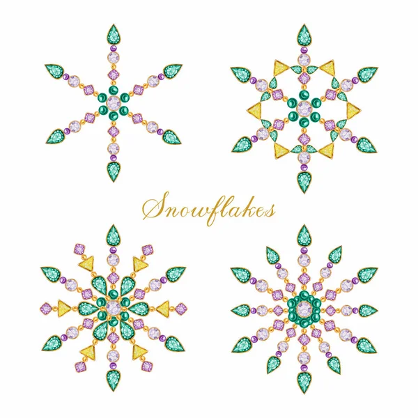 Watercolor Christmas crystal snowflake set. Beautiful bright colors jewelry medallion, brooch, decoration on neck. Fashion brilliant, applique rhinestones. New Year greeting card design concept. — Stock Photo, Image