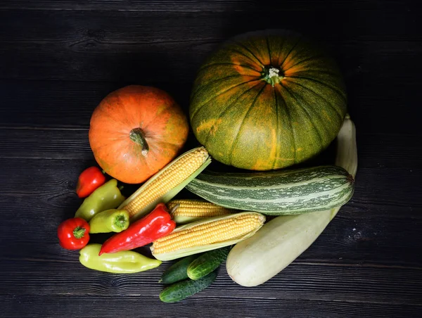 Fundo vegetal de outono com mesa de madeira escura. Dia de Acção de Graças da Colheita. Cartão, cartaz, conceito de banner. Produtos vegetarianos orgânicos abóbora, milho, repolho, pimenta — Fotografia de Stock