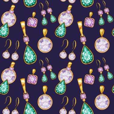 Altın bir çerçeve içinde küpe ve Kristal kolye ile Dikişsiz desen. El çizilmiş suluboya Gemstone elmas takı. Parlak renkler yeşil, mor Kumaş doku. Scrapbooking için Mavi Arka Plan