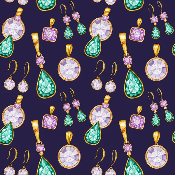 Seamless pattern with earrings and pendants of Crystal in a gold frame. Hand drawn watercolor Gemstone diamond jewelry. Bright colors green, purple Fabric texture. Blue Background for scrapbooking — Stock Photo, Image