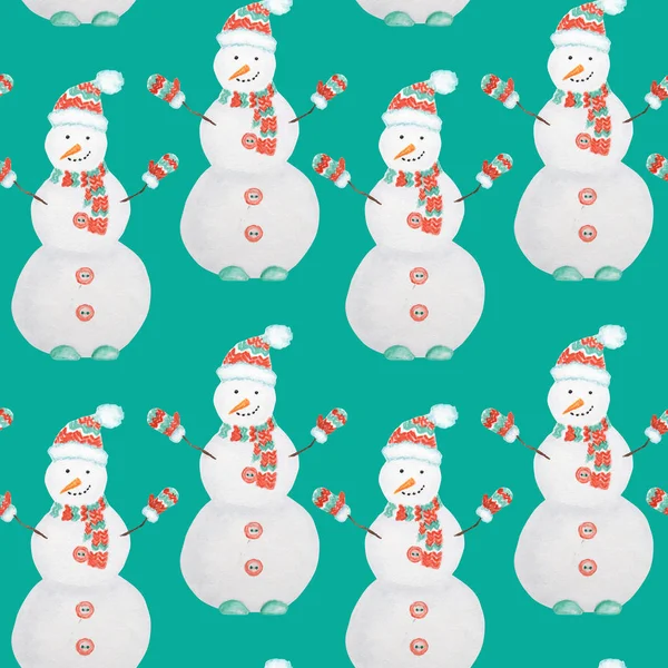 Seamless pattern New Year Christmas Snowman isolated on turquoise background. Hand drawn vintage card, fabric paper texture design. Watercolor Winter nature illustration — Stock Photo, Image