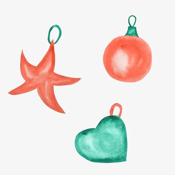 Acuarela Año Nuevo Bola, Estrella, Decoración del Corazón. Corall colores rojo y turquesa decoraciones del árbol de Navidad. Conjunto de ilustración pintada dibujada a mano aislada sobre fondo blanco —  Fotos de Stock