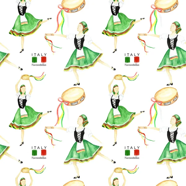 Patrón sin costuras Bailarinas en traje nacional verde una tarantela italiana con una pandereta sobre fondo blanco. Bailarina en traje popular Italia. Textura de tela de acuarela — Foto de Stock