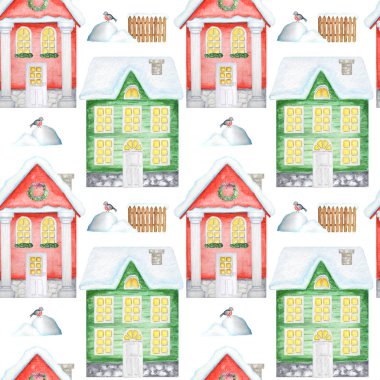 Beyaz ahşap kapı ile Dikişsiz desen Suluboya Noel kış evleri, çatıda kar ile aydınlık pencereler. Parlak renkler kırmızı, beyaz arka plan üzerinde yeşil ev. Kumaş, kağıt doku