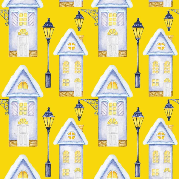 나무 문, 빛나는 창문, 지붕과 가로등에 눈이있는 원활한 패턴 수채화 크리스마스 겨울 주택. 노란색 배경에 밝은 색상 블루 하우스입니다. 직물, 종이 질감 — 스톡 사진