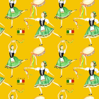 Yeşil ulusal kostüm Dikişsiz desen Dancers sarı arka plan üzerinde bir tef ile Bir İtalyan tarantella. Halk kostümü İtalya kadın dansçı. Suluboya kumaş dokusu