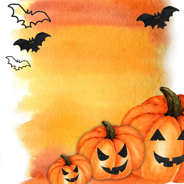 Halloween abóbora assustadora e morcego Watercolor pintados à mão pinceladas abstratas padrão. Amarelo laranja fundo gradiente vermelho. Conceito de cartão de saudação com espaço de cópia para texto. Cores de outono — Fotografia de Stock