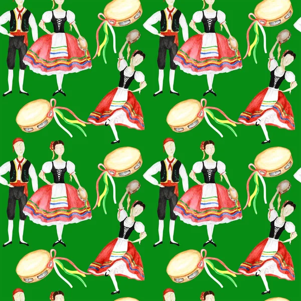 Padrão sem costura Dançarinos em traje nacional vermelho uma tarantela italiana com um tamboril em fundo verde. Mulher e homem dançarino em traje popular Itália. Textura de tecido aquarela — Fotografia de Stock