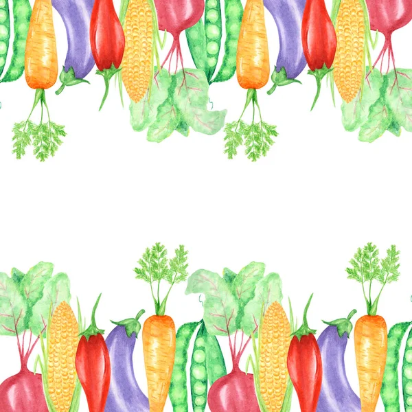 Υδατογραφικά ζωγραφισμένο πλαίσιο λαχανικών και εντόμων, πασχαλίτσα και μέλισσα. Χειροποίητα φρέσκα φαγητά για χορτοφάγους σε λευκό φόντο. Ευχετήρια κάρτα, αφίσα, σχέδιο banner με χώρο αντιγραφής για κείμενο. — Φωτογραφία Αρχείου