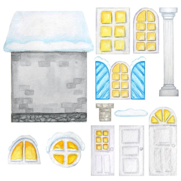 Cute cartoon winter gray house, windows, doors constructor on white background. Elements set Perfect for creating your house design. Watercolor illustration.