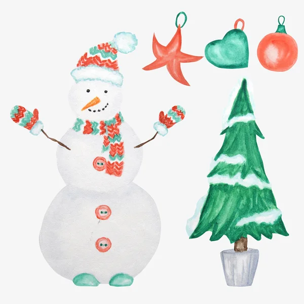 Árvore de Natal de Ano Novo e boneco de neve no fundo branco. Design de cartão vintage desenhado à mão. Aquarela Inverno natureza ilustração conjunto — Fotografia de Stock