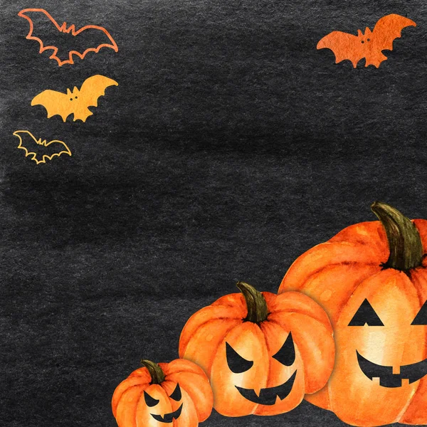 Halloween Creepy pumpa och BAT akvarell handmålade abstrakt penseldrag mönster. Svart bakgrund. Gratulationskort, affisch, banner koncept med kopiera utrymme för text. Höstfärger — Stockfoto