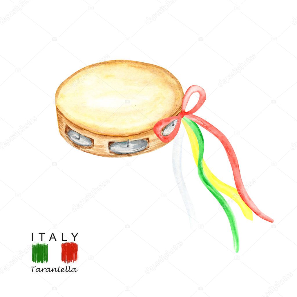 Tambourine watercolor. Musical instrument. Hand drawn illustration isolated on white background. National folk Italian tarantella dance musical instrument
