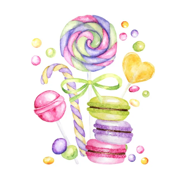 Ljusa färger Candy set. Lollipops ljusa färger på vit bakgrund. WaterColor handritade godis illustration för meny design, kort, affisch, baner, inbjudningar. — Stockfoto