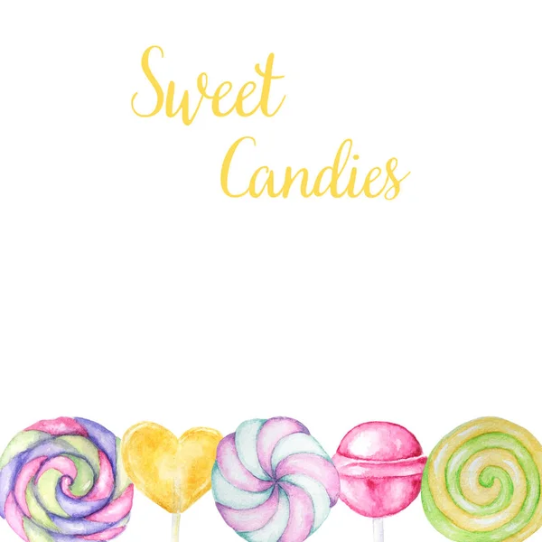 Conjunto de doces de cores brilhantes. Lollipops cores brilhantes no fundo branco. Watercolor mão desenhado doces ilustração para design de menu, cartões, cartaz, baner, convites . — Fotografia de Stock