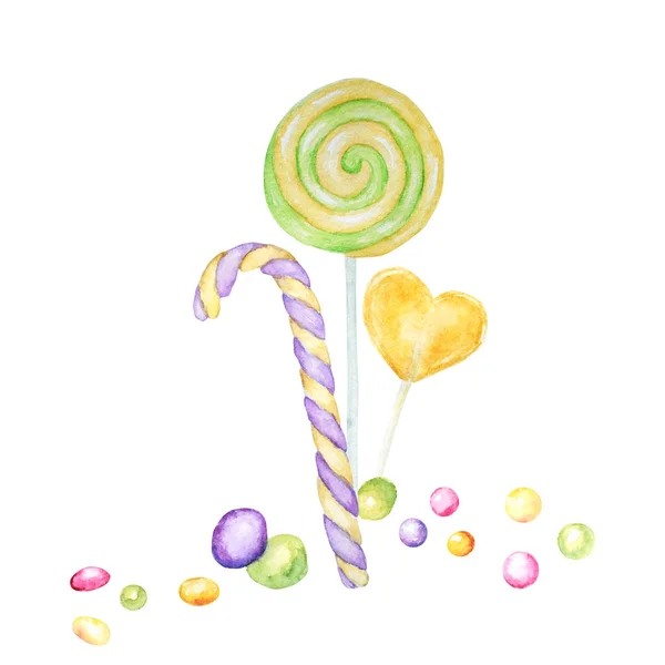 Bright colors candy set. Lollipops bright colors on white background. Watercolor hand drawn candies illustration for menu design, cards, poster, baner, invitations.