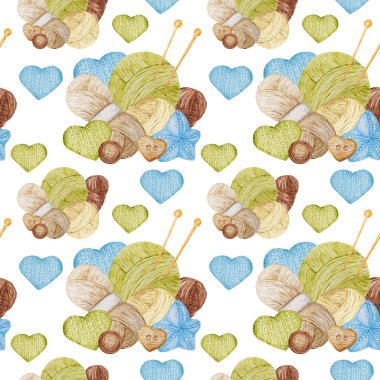 Suluboya Dikişsiz desen Hobi Örgü. El mavisi, yeşil, bej, örgü iğnelerinin kahverengi renk elemanları, tığ işi kanca, örme kalp ve düğmelerin toplanması.