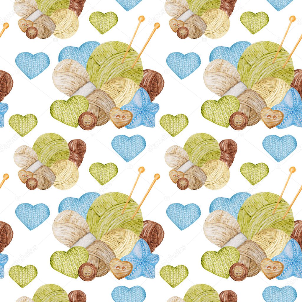 Watercolor Seamless pattern Hobby Knitting. Collection of hand drawn light blue, green, beige, brown colors elements of knitting needles, crochet hook, knitted heart and buttons.