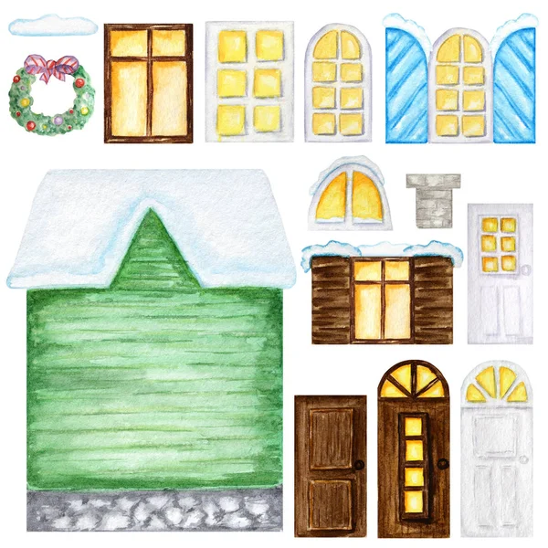 Linda casa verde de dibujos animados, ventanas, puertas, decoraciones de Navidad constructor sobre fondo blanco. Conjunto de elementos Perfecto para crear el diseño de su casa. Ilustración en acuarela . — Foto de Stock