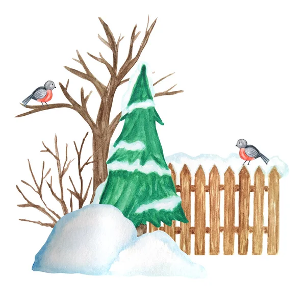 Decorative brown wooden fence in winter with snow, Christmas tree and Bullfinch bird couple and snowdrifts. Front view, arrow head. Watercolor Greeting card, poster concept with copy space for text.