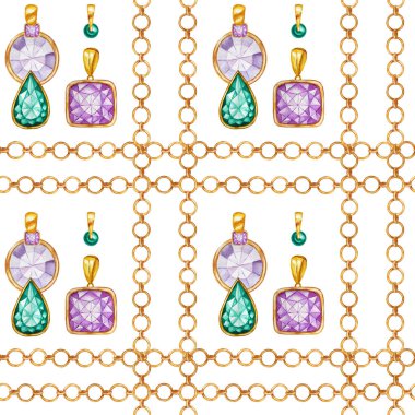 Altın zincirleri dikişsiz desen, kolye ve bilezik yapımı için, kadın takı, beyaz bir arka plan üzerinde altın zincir suluboya çizim. Kafesiçine kumaş dokusu.