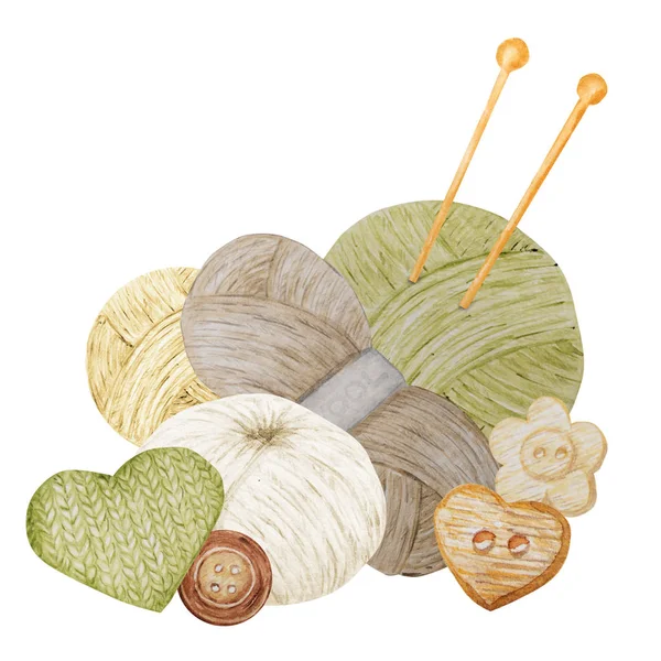 緑茶色の編み店ロゴタイプ、ブランディング、アバター - 針、糸、ボタンの組成。ニット工芸品、趣味ロゴ。手作りや糸のアイコンのボールで編むイラスト、ニードルワーク — ストック写真