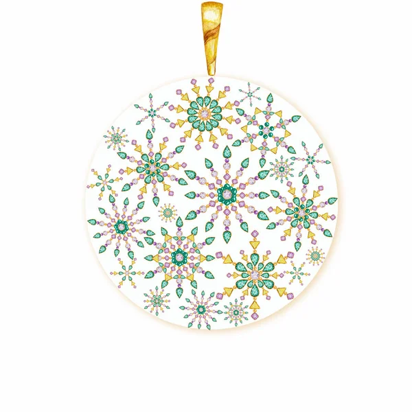 Bola de Navidad acuarela de copo de nieve de cristal sobre fondo blanco. Hermosos colores brillantes decoración de joyas. Moda brillante, pedrería. Tarjeta de felicitación de Año Nuevo, diseño de póster con espacio para copiar — Foto de Stock