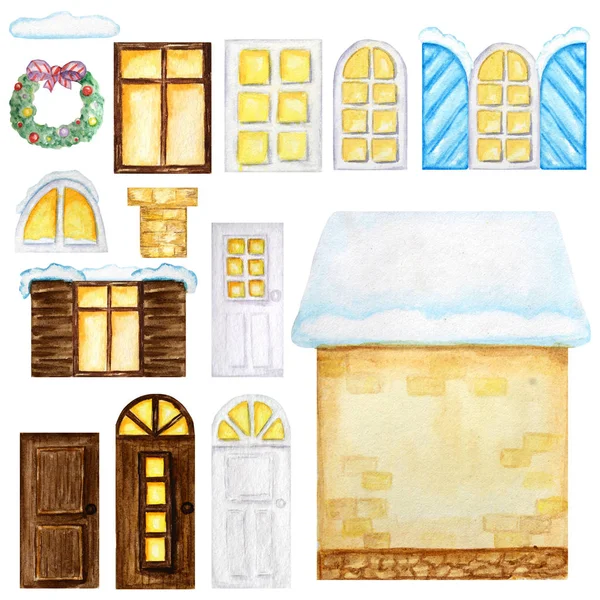 Leuke cartoon gele winter huis, ramen, deuren, kerstversiering constructor op witte achtergrond. Elementen die perfect zijn voor het maken van uw huis ontwerp. Aquarel illustratie. — Stockfoto