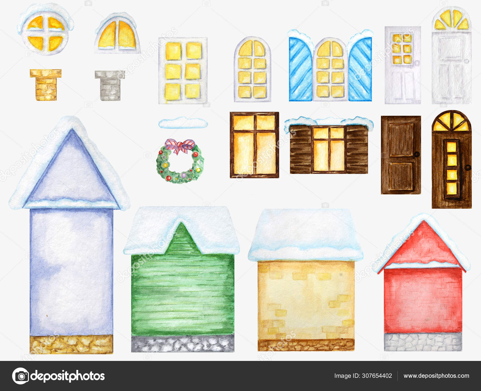 Cute cartoon winter house, windows, doors, christmas decorations  constructor on white background. Elements set Perfect for creating your  house design. Watercolor illustration. Stock Photo by ©svetlanaARTdreams  307654402