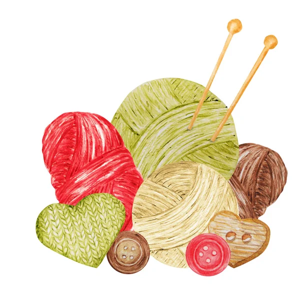 Vermelho marrom verde Knitting Shop Logotype, Branding, Avatar - composição de agulhas, fios, botão. Para artesanato de malha, hobby Logo. Ilustração para artesanal ou tricô com bola de ícones de fio, Agulha — Fotografia de Stock