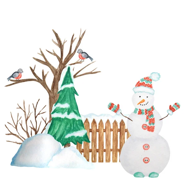 雪、クリスマスツリー、雪だるまとブルフィンチの鳥のカップル、雪のドリフトと冬の装飾的な木製のフェンス。正面図、矢印ヘッド。水彩グリーティングカード、テキスト用コピースペース付きポスターコンセプト. — ストック写真