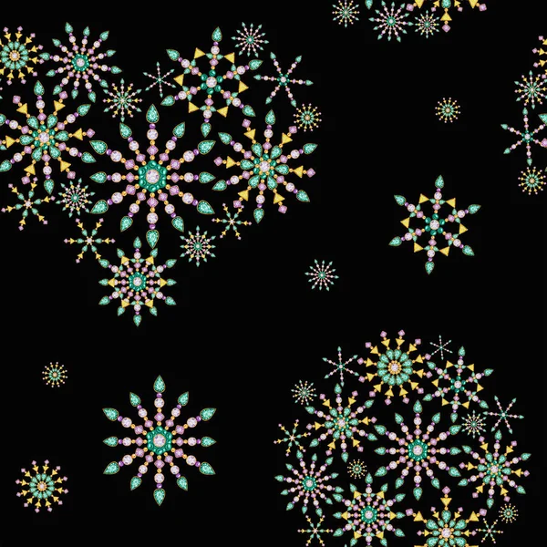 Χωρίς ραφές μοτίβο ζωγραφική Χριστουγεννιάτικη μπάλα, καρδιά από κρυστάλλινη Χιονονιφάδα. Όμορφα φωτεινά χρώματα Διακόσμηση κοσμημάτων. Μόδα λαμπρή, απλικέ στρας. Πρωτοχρονιά ύφασμα υφή — Φωτογραφία Αρχείου