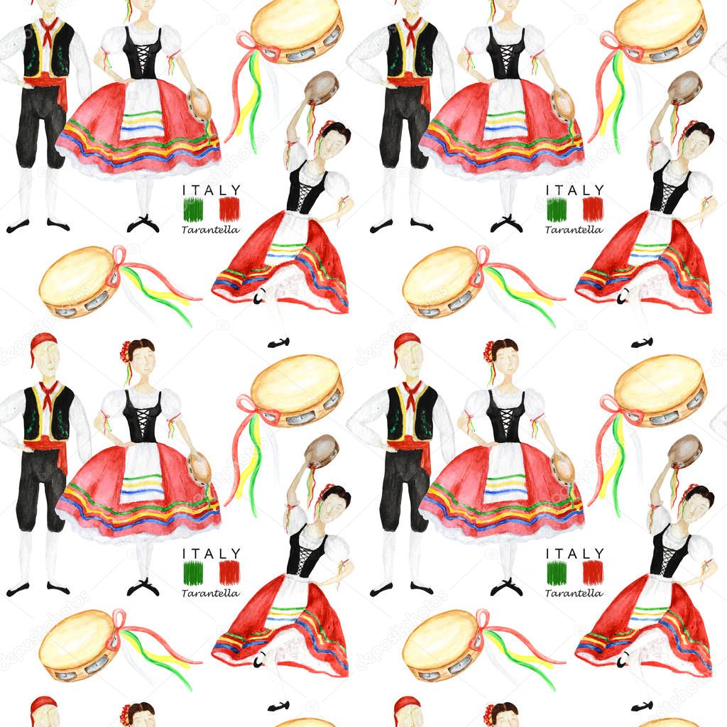 Seamless pattern Dancers in red national costume an Italian tarantella with a tambourine on white background. Woman and man dancer in folk costume Italy. Watercolor fabric texture