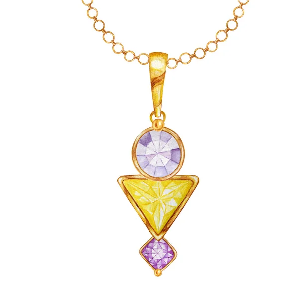 Cristal triangle jaune et bijoux en pierre gemme ronde et carrée violette avec élément doré. Aquarelle dessin Beau pendentif avec cristaux sur chaîne dorée sur fond blanc . — Photo